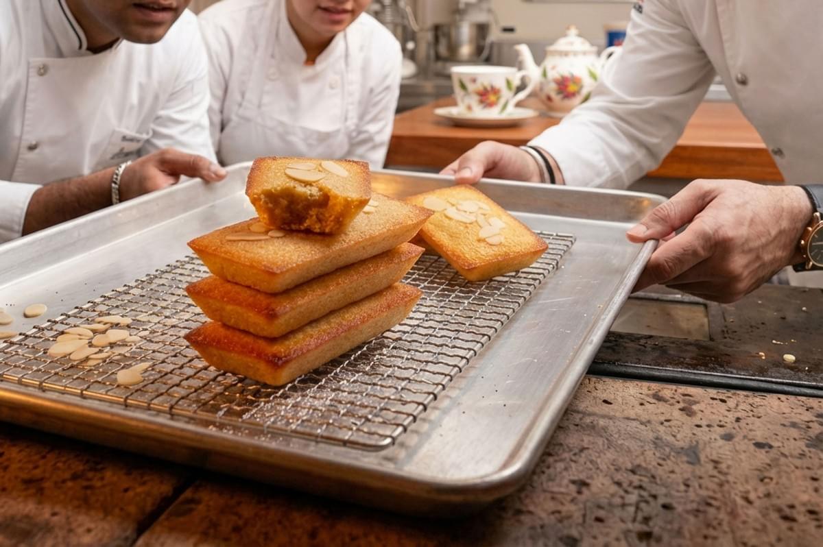 Chefs presenting freshly baked financiers on cooling rack in professional kitchen