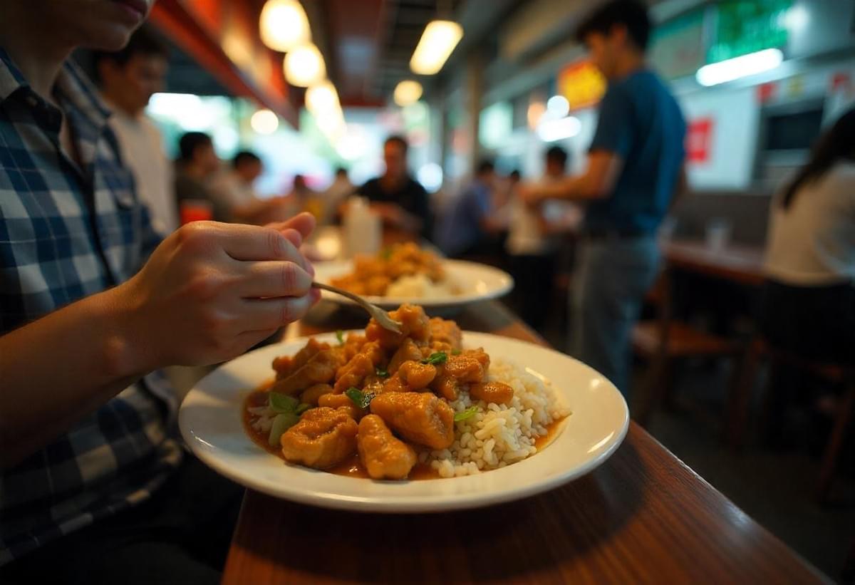 An image of a male individual having their breakfast in the morning hours of Singapore among other locals.