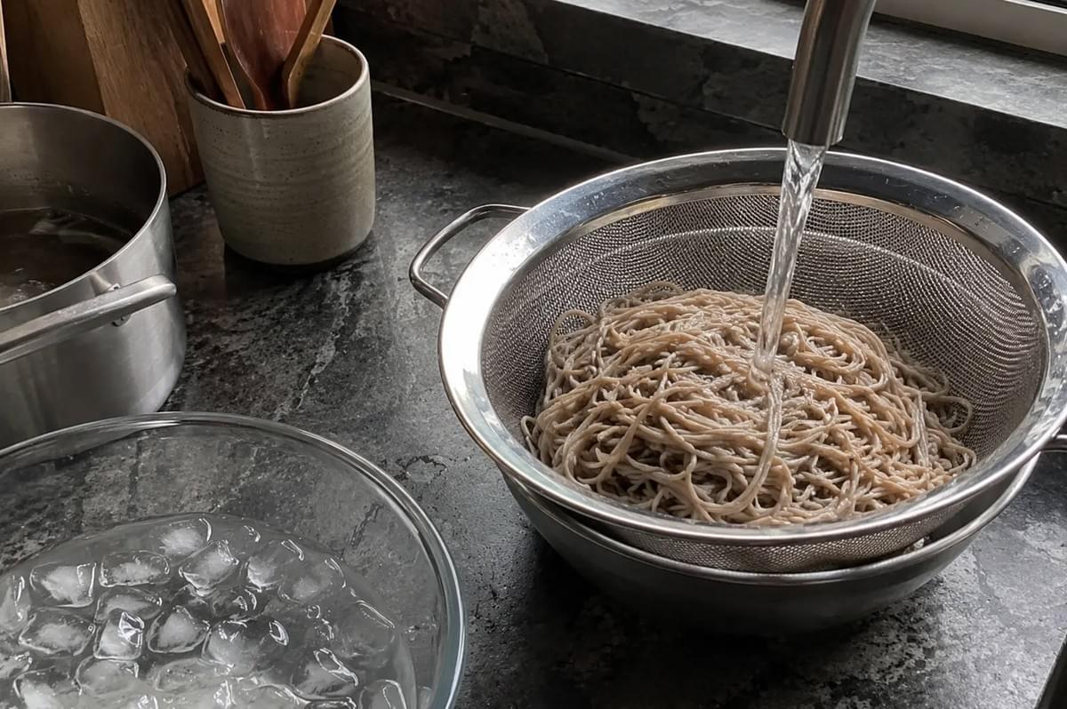 A stainless steel mesh colander sits inside a larger metal bowl under a running kitchen faucet on a dark countertop. Freshly boiled, tan-colored soba noodles fill the colander as a stream of clear water rinses them to remove excess starch. To the left, a clear glass bowl is filled with water and large ice cubes, ready for the noodles to be shocked cold, while a pot and a ceramic utensil holder with wooden spoons are visible in the background.
