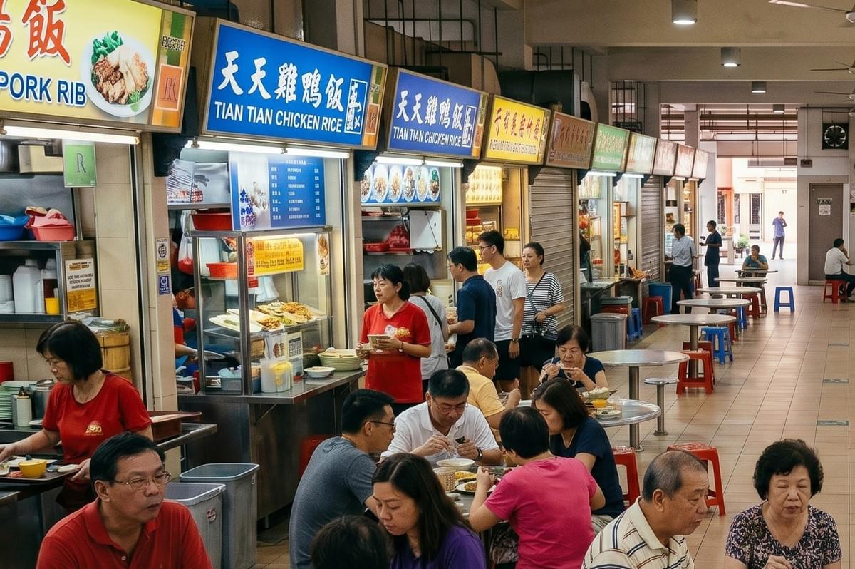 Tian Tian Chicken Rice stall at Maxwell Food Centre in Singapore with customers dining at indoor tables and a row of local hawker food stalls.