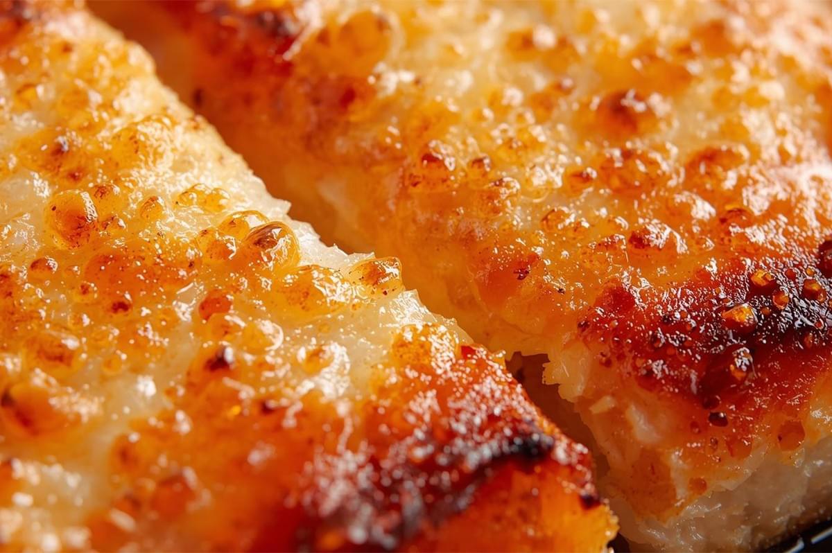 Extreme close-up showing the texture of a golden-brown, caramelized crust on a cooked fish fillet.