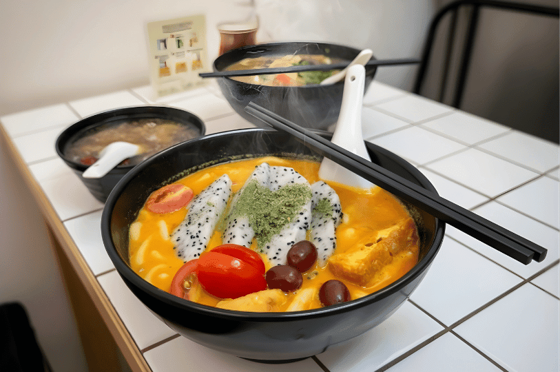 A close-up of a steaming bowl of Tracy Juice Culture's signature curry udon, featuring bright red dragon fruit slices topped with green herb powder, cherry tomatoes, and grapes. Two other bowls of soup are visible in the background on a white tiled table.