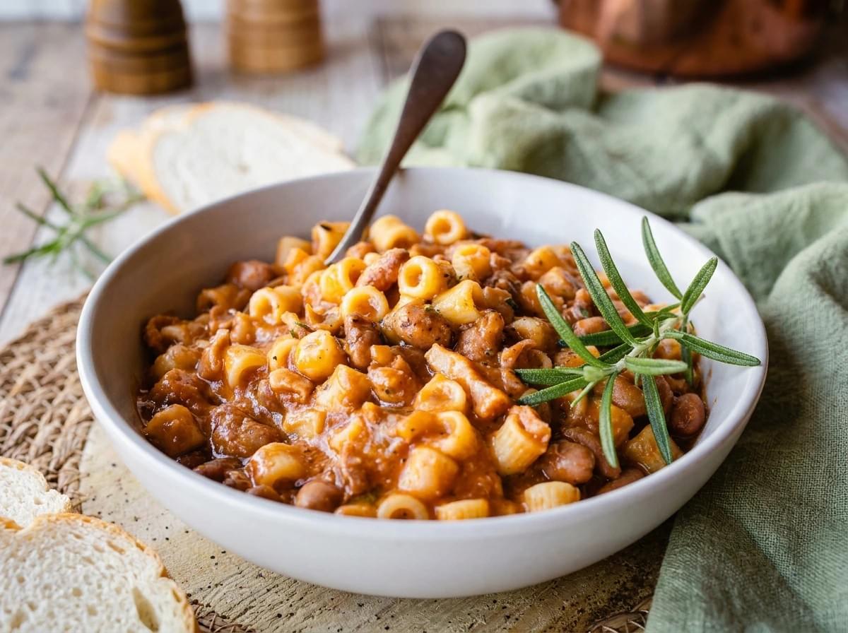 A bowl of thick pasta e fagioli garnished with fresh rosemary, served with crusty bread on a rustic table.