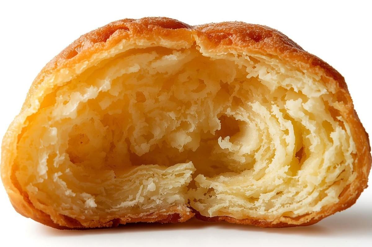 Extreme close-up of a broken choux pastry shell, showing the large, hollow interior and the lightly laminated, slightly crispy, golden-brown crust.