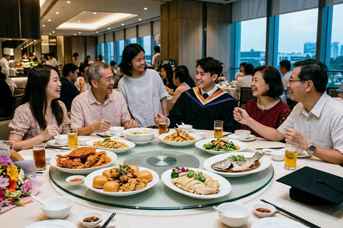 A family celebrates a graduation dinner, smiling around a large round table filled with shared dishes, drinks, and a graduate wearing a cap and gown.
