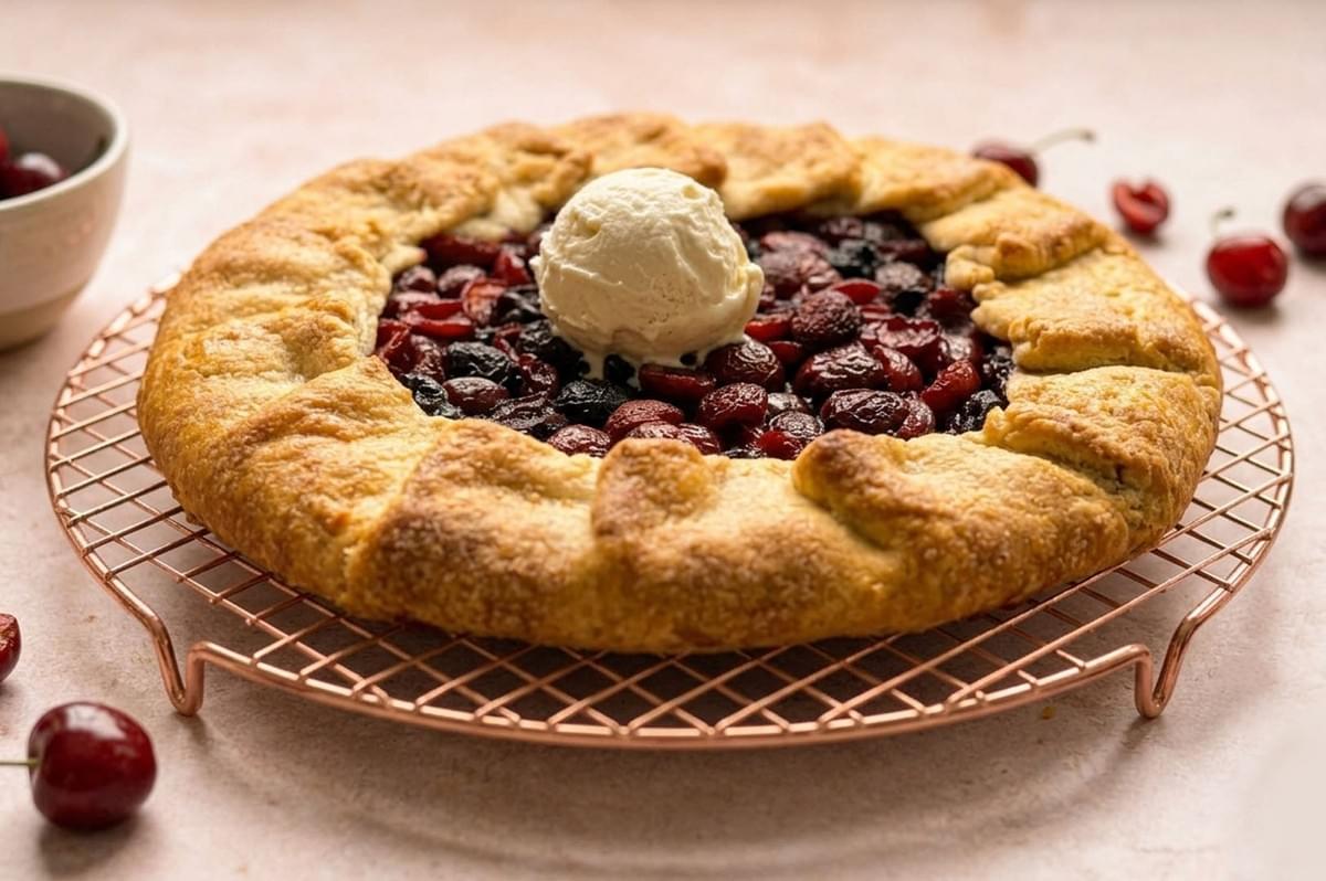 Rustic cherry galette with golden crust topped with vanilla ice cream on copper cooling rack