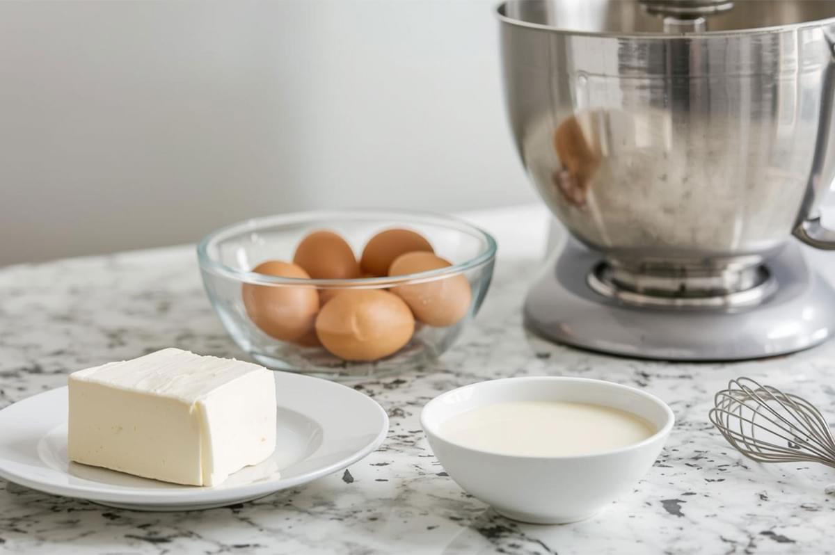Baking ingredients on a marble counter: a block of cream cheese, a bowl of eggs, a bowl of heavy cream, and a stand mixer visible in the background.