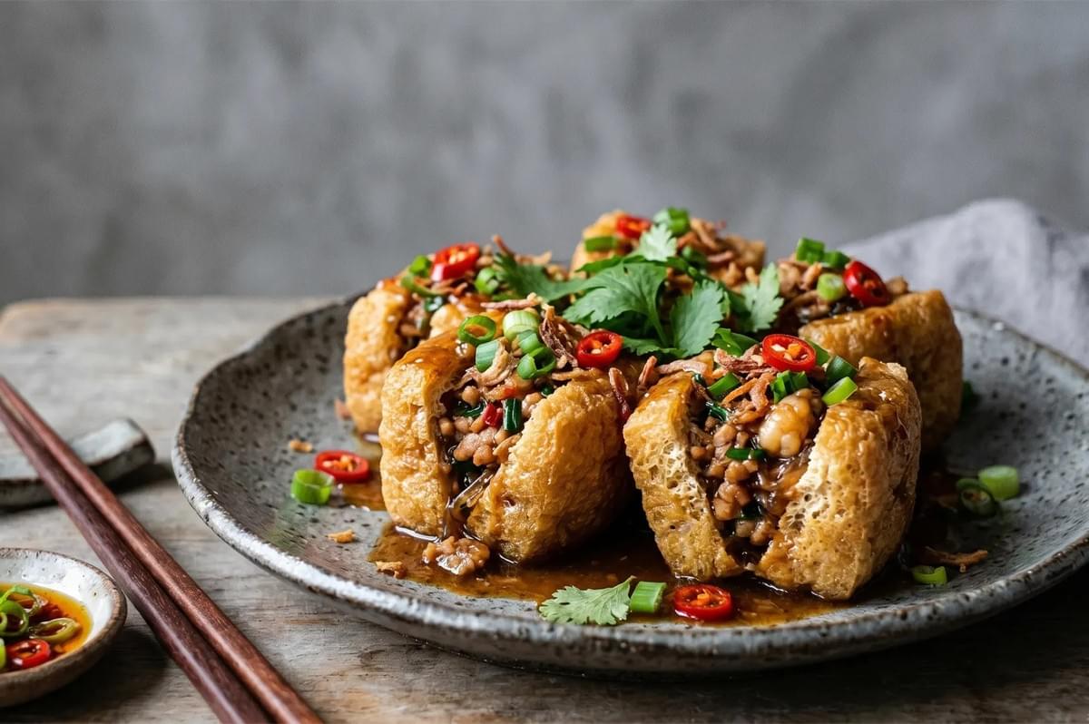 Stuffed tau pok (fried tofu puffs) with minced meat, garnished with chili and cilantro.