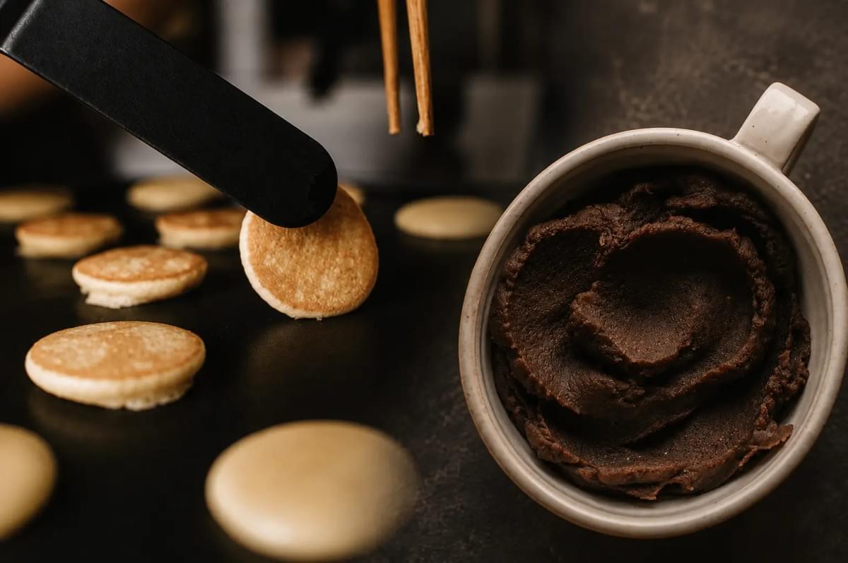 A close-up shot of mini pancakes cooking on a dark griddle, with a black spatula lifting one of them. To the right, a ceramic mug is filled with a thick, textured dark brown paste.