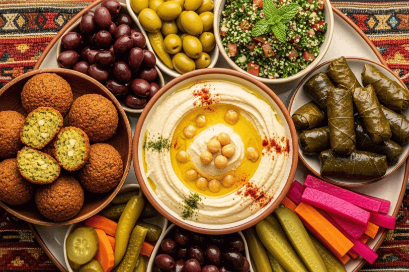 A rich, circular mezze platter emphasizing variety: a center bowl of smooth hummus with whole chickpeas, surrounded by falafel, stuffed grape leaves (dolmas), tabbouleh, mixed olives, and colorful pickled vegetables.