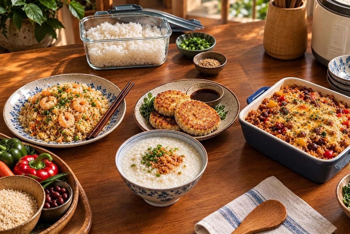 Table spread featuring various rice dishes, including shrimp fried rice, rice porridge, pan-fried rice patties, and a baked rice casserole.