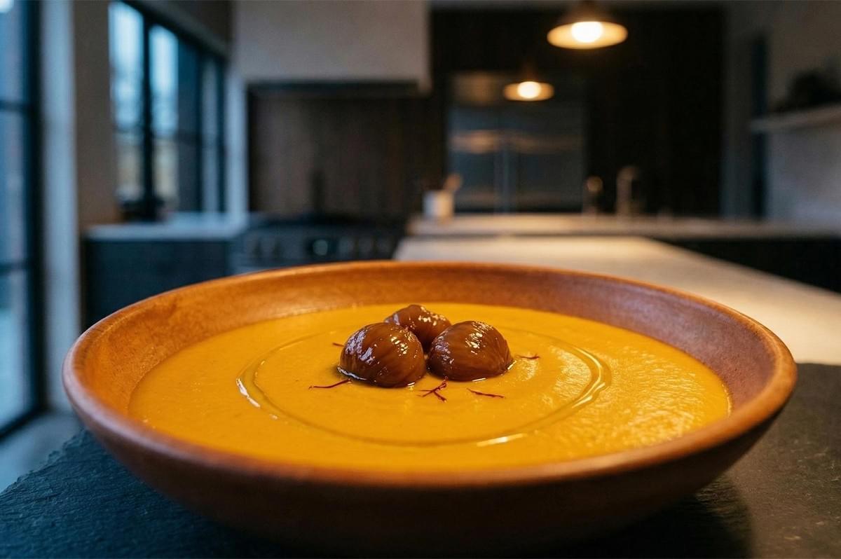 Close-up of a bowl of smooth pumpkin soup being garnished with glazed roasted chestnuts, saffron, and a drizzle of olive oil in a kitchen.