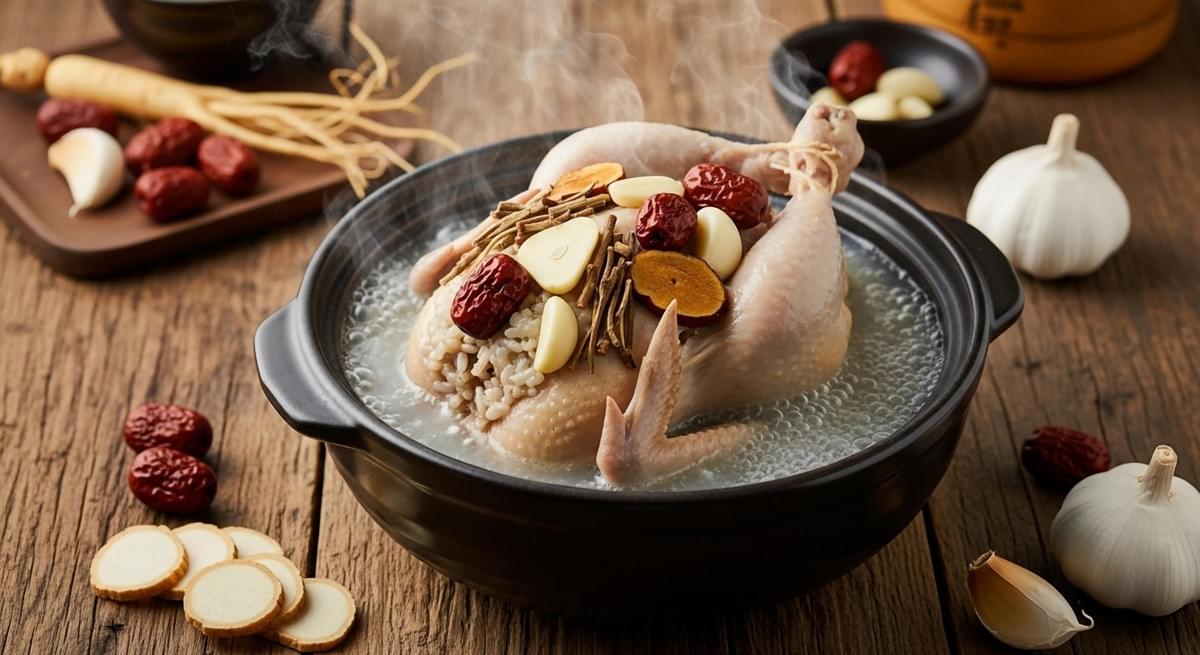 This image depicts a steaming black pot containing a whole chicken submerged in broth, topped with red dates, garlic cloves, and dried medicinal herbs. The dish is set on a rustic wooden table surrounded by scattered ingredients, including ginseng roots and garlic bulbs, emphasizing a traditional and restorative culinary theme.