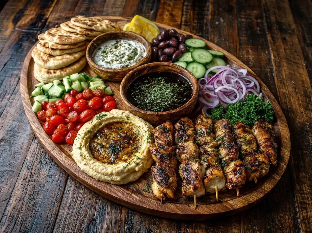 An overhead view of a wooden platter arranged with Greek souvlaki skewers, warm pita bread, hummus, tzatziki, olives, sliced cucumbers, red onions, and cherry tomatoes.
