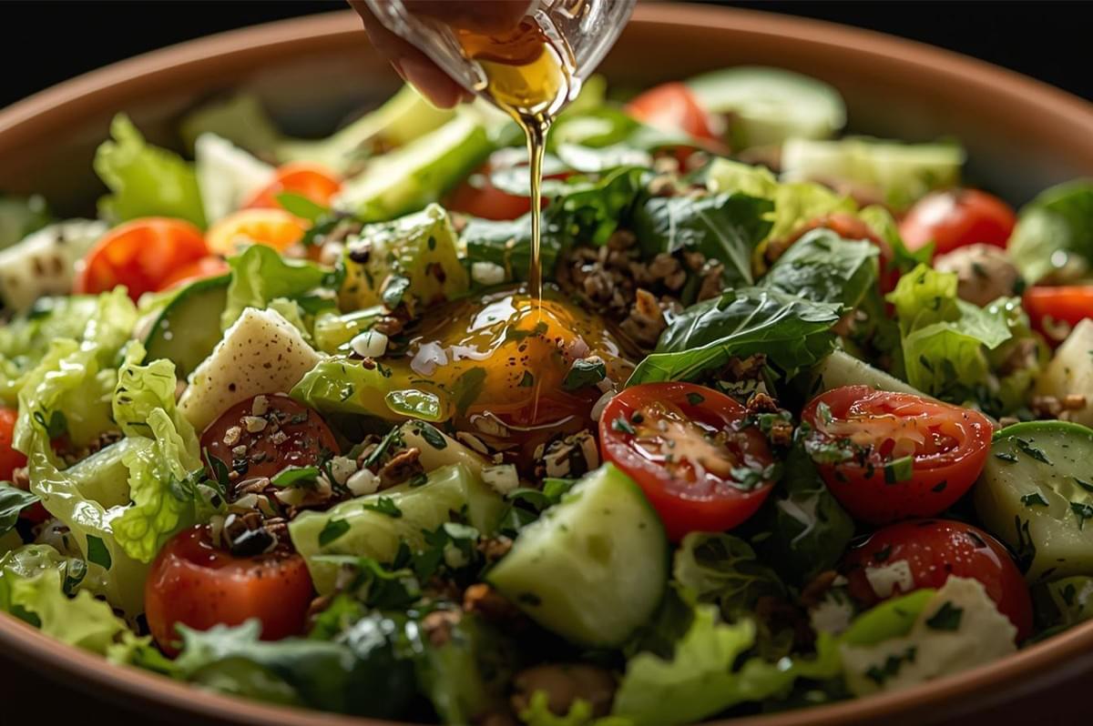 A hand pouring golden-yellow olive oil or dressing over a large, fresh garden salad in a terracotta bowl, featuring romaine lettuce, halved cherry tomatoes, sliced cucumbers, and avocado chunks.