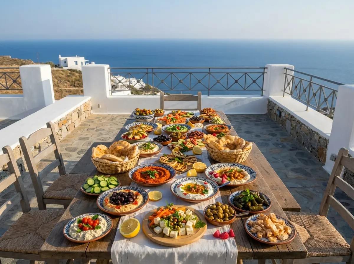 A long wooden table laden with diverse Greek meze dishes and baskets of pita bread on a rustic terrace overlooking a vast blue sea.