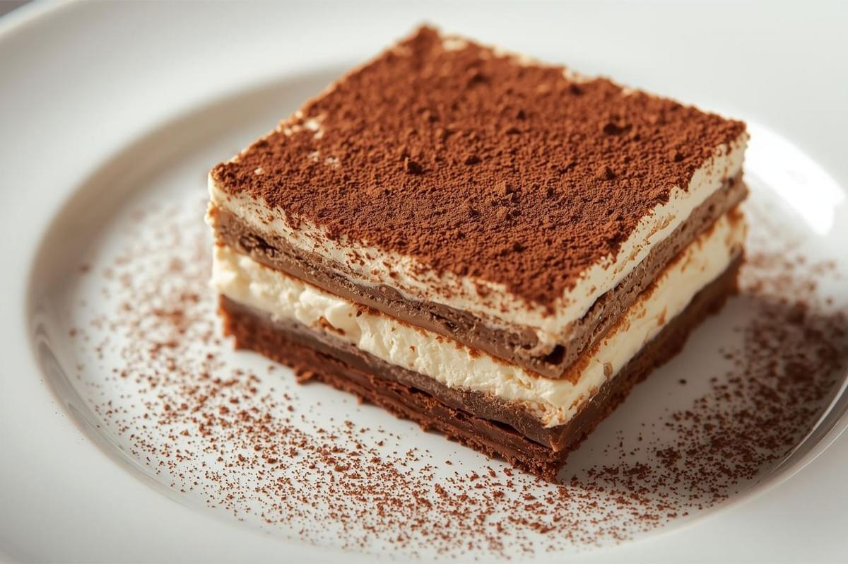 Close-up of a square slice of layered dessert (possibly a chocolate variation of tiramisu) with alternating layers of cream, dark chocolate, and a cocoa powder dusting on a white plate.