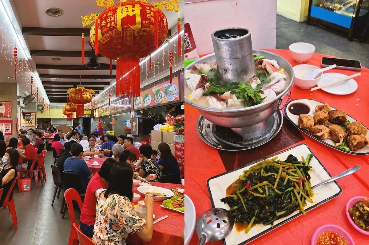 Collage of Chang Long Fish Head Steamboat interior and fish head steamboat along with stir fried veggies and fried dimsum