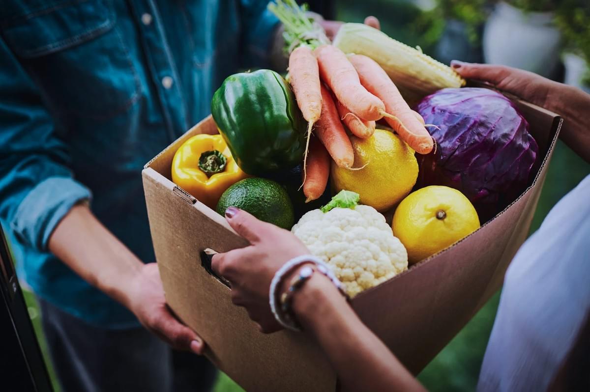 Box filled with assorted fresh vegetables including carrots, peppers, cabbage, cauliflower, and citrus being handed to another person.