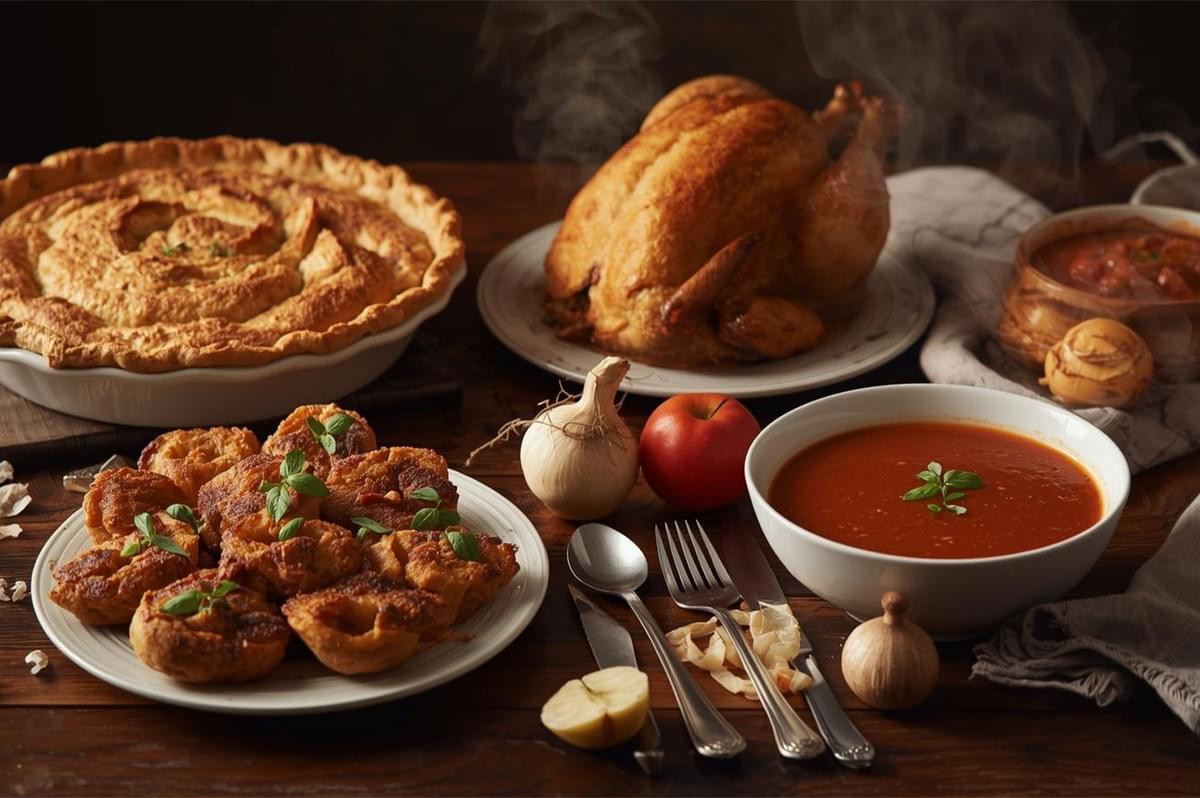 A warm-lit still life of a hearty, traditional meal featuring a whole roasted chicken, a large baked pie or quiche, a bowl of bright red tomato soup, and a plate of fried fritters or patties, set on a dark wooden table. 