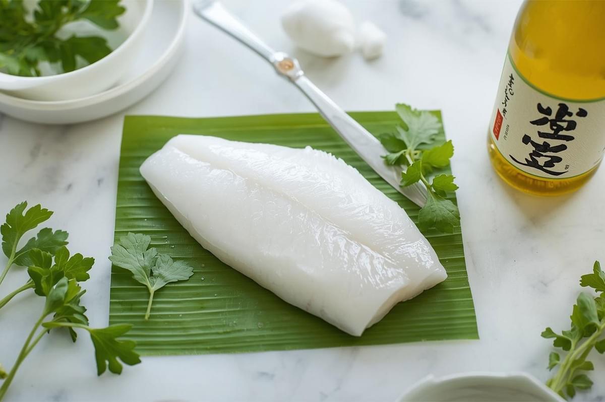 A perfectly cleaned white fish fillet resting on a green banana leaf, accompanied by a knife and a bottle of seasoning oil.