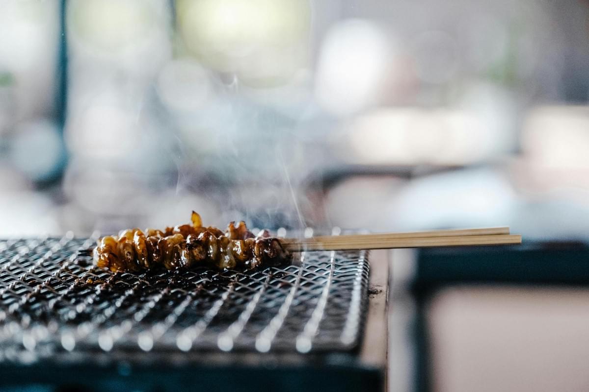  A single skewer of glazed meat sits on a wire mesh grill, releasing thin wisps of steam as it cooks. The background is softly blurred, focusing attention on the glistening texture of the food and the simple wooden sticks holding it in place.