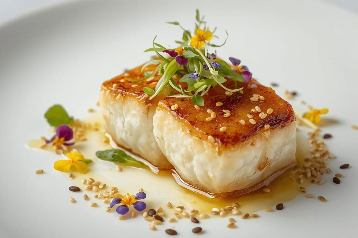 A gourmet fine-dining presentation of white fish cubes topped with fresh microgreens and purple edible flowers, garnished with sesame seeds.