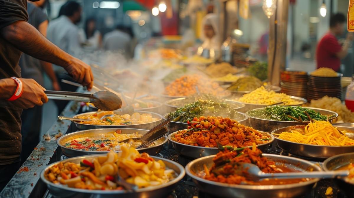 This image captures a vibrant and busy street food stall with a wide array of prepared dishes displayed in large metal bowls, A vendor's hands are visible in the foreground using tongs and spoons to serve or stir the steaming, colorful food.