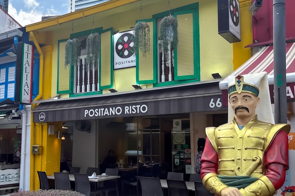 Positano Risto storefront and exterior on Bussorah Street in Kampong Glam, Singapore.