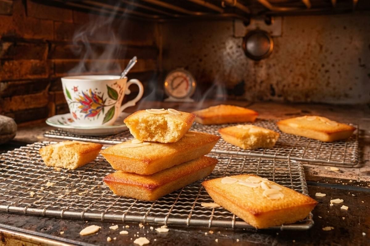 Freshly baked financiers cooling on wire racks in front of brick oven with teacup