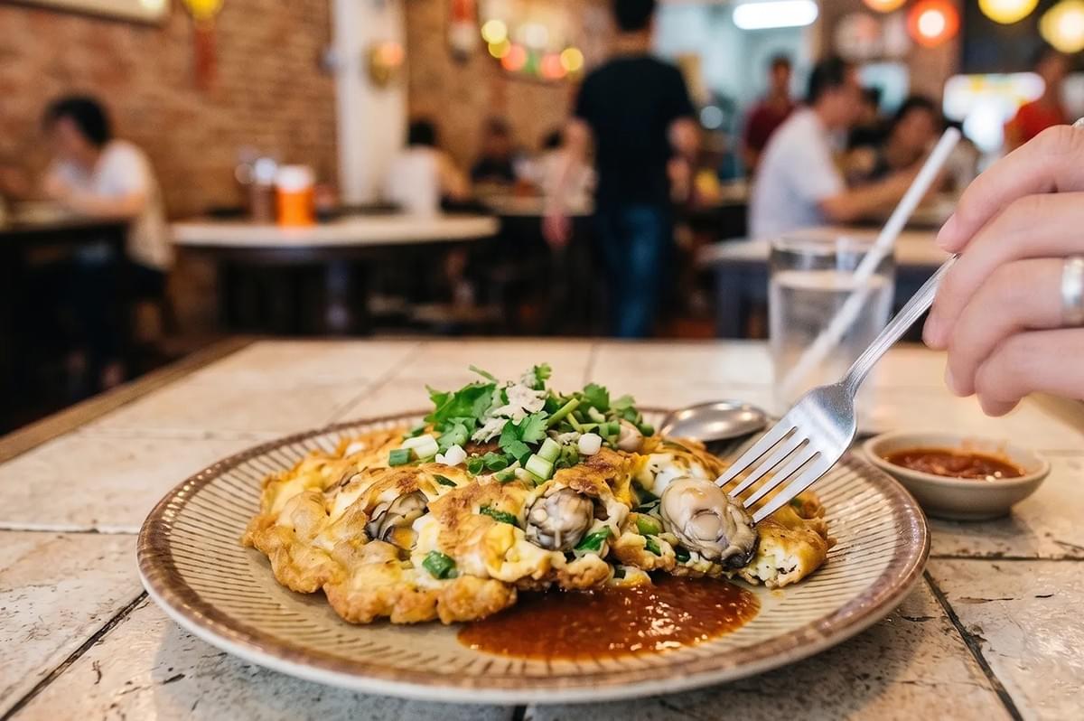A close-up of oyster omelet (Orh Luak) on a patterned ceramic plate. A hand with a fork lifts a plump oyster from the egg, with chili sauce on the side and a blurred restaurant background.