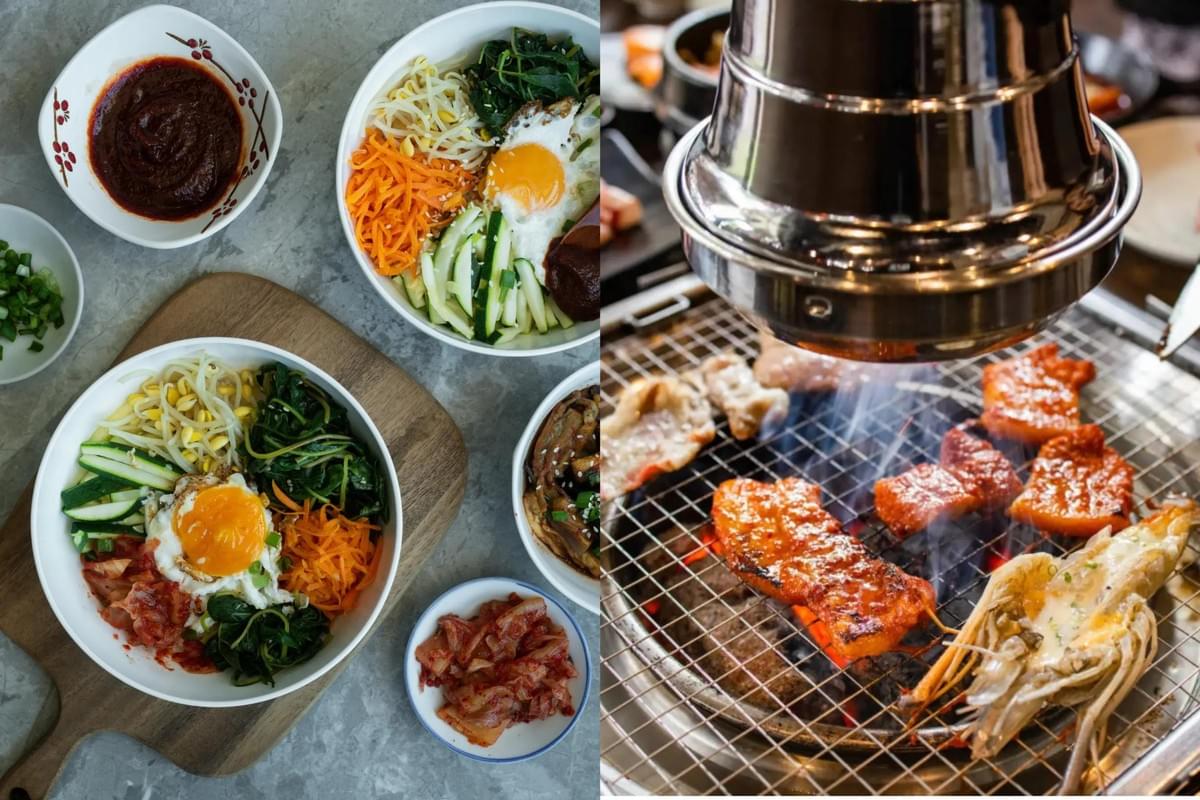A split image showcases popular Korean dishes, with the left side featuring two colorful bowls of bibimbap topped with fried eggs alongside side dishes like kimchi and gochujang. The right side captures various meats and a large shrimp sizzling on a charcoal grill beneath a metallic exhaust hood.