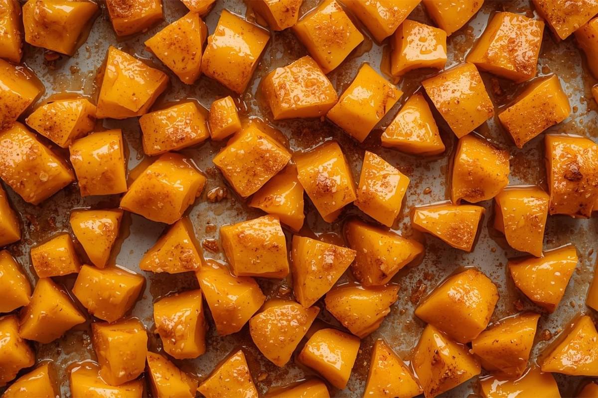 A vibrant, overhead macro shot of large, evenly cut cubes of butternut squash tossed with orange seasoning and oil, lying on a baking sheet, ready for or already lightly roasted.
