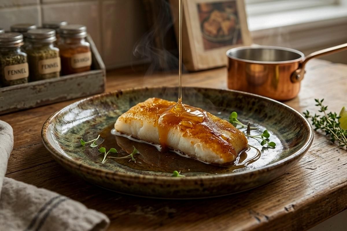 A perfectly seared white fish fillet resting on a rustic, earth-toned ceramic plate with a speckled glaze. A thin, translucent stream of warm honey or glaze is being poured from above, cascading over the golden-brown, caramelized surface of the fish and pooling naturally in the center of the plate. Wisps of steam rise delicately from the dish, emphasizing its freshness. The fish is garnished with a few scattered microgreens, adding a touch of vibrant green to the warm palette. The background features a cozy, sunlit kitchen setting with a shallow depth of field, revealing a weathered wooden countertop, a small copper saucepan, a vintage cookbook, and a wooden spice rack containing jars labeled "Fennel" and "Thyme." The natural lighting and organic composition create an intimate, documentary-style atmosphere of professional culinary preparation.