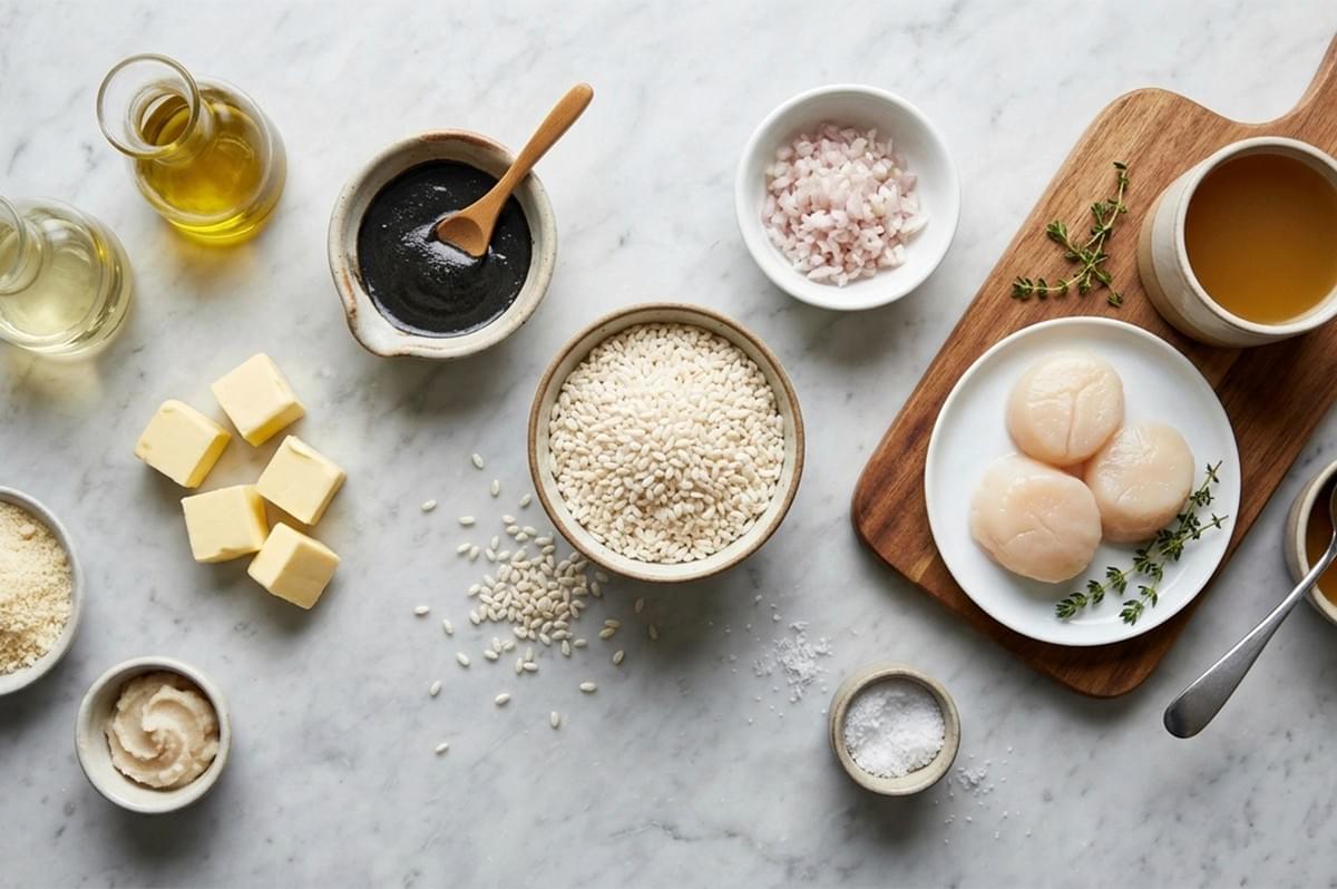 top-down, "flat lay" view of ingredients for Black Sesame Risotto arranged on a white marble surface. The components include a bowl of dry arborio rice, a small dish of thick black sesame paste, three raw sea scallops on a small plate with thyme sprigs, cubes of butter, a bowl of minced shallots, a jar of olive oil, a small pitcher of white wine, a cup of vegetable stock, and small bowls of grated parmesan and sea salt.