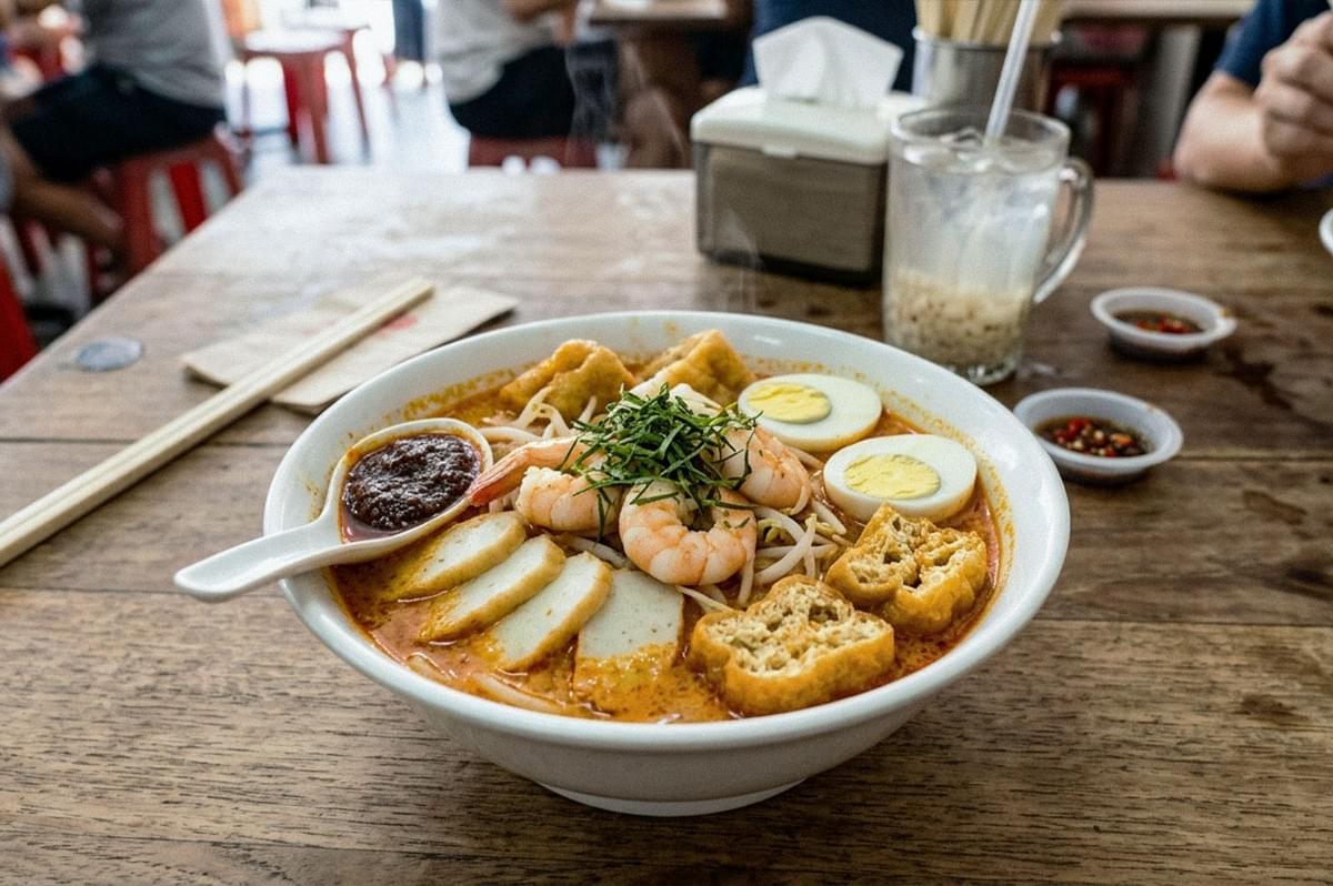 A bowl of rich noodle soup topped with prawns, boiled eggs, fish cake, fried tofu, bean sprouts, and herbs on a wooden table.
