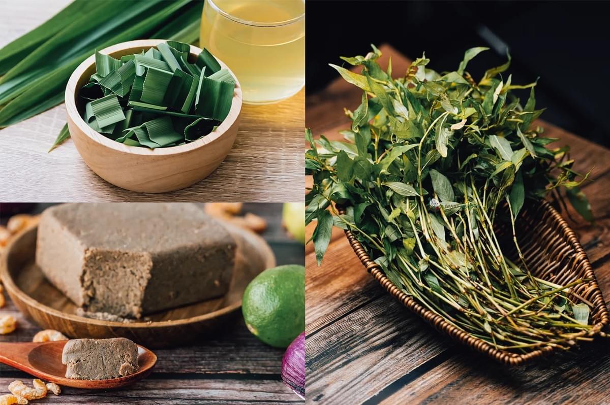 Three‑way split, top‑down image of Singaporean ingredients: left—fresh pandan leaves, center—belacan shrimp paste, and right—laksa leaves, commonly used as aromatics and flavor bases in traditional Singaporean cooking.