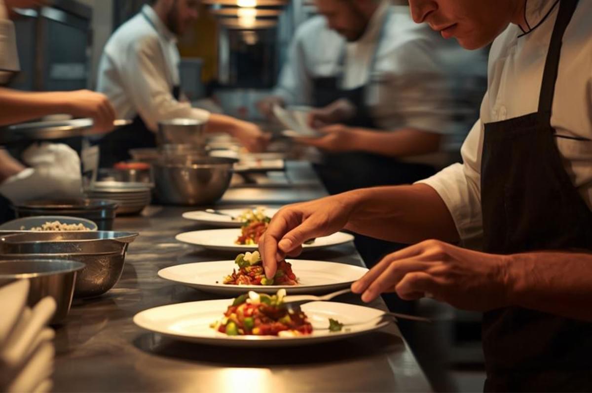 Close-up of a chef's hands carefully garnishing and plating multiple gourmet dishes with small green ingredients, showcasing precision on the busy pass.