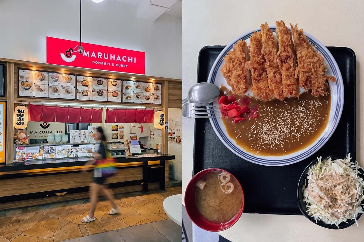 Split image showing the Maruhachi Donburi & Curry restaurant counter on the left and a Japanese curry meal with crispy breaded shrimp, red pickles, miso soup, and shredded cabbage on the right.