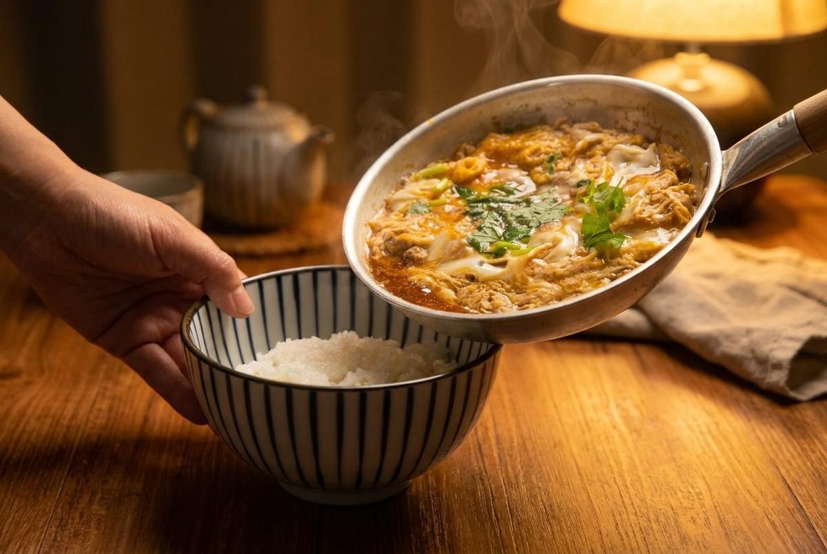 An eye-level shot of an Oyakodon meal set served on a dark wooden tray at a restaurant counter. It features a bowl of chicken and simmered egg topped with shredded nori, a bowl of clear soup, a small side salad, and a cup of tea, with rows of Japanese sake bottles lined up in the background.