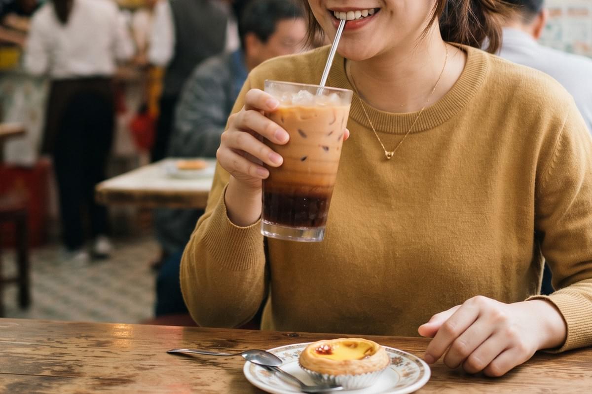 A smiling woman drinking a glass of iced Yuan Yang milk tea with an egg tart on a table in a cafe.