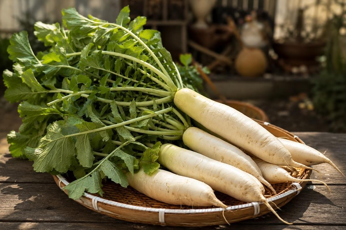 Fresh white daikon radishes with leafy green tops in a woven basket.