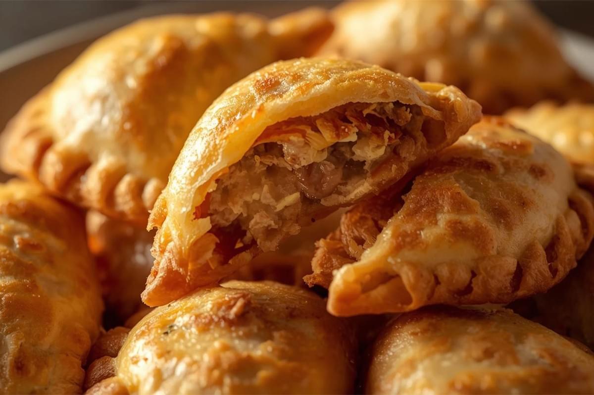 Extreme close-up of a pile of golden-brown baked or fried empanadas, with one cut open to reveal a savory, shredded meat and vegetable filling.