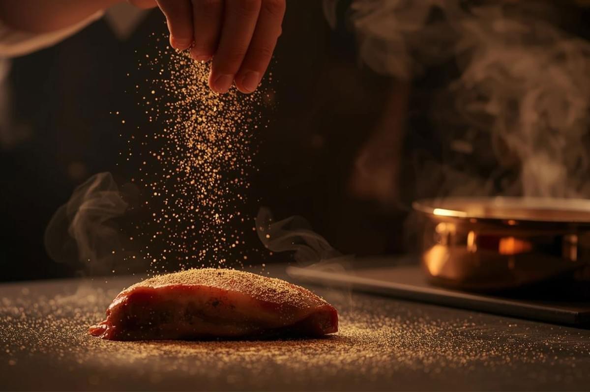 A close-up, dramatic shot of a chef's hand sprinkling seasoning spices onto a piece of raw meat, illuminated by warm lighting with smoke swirling in the background.