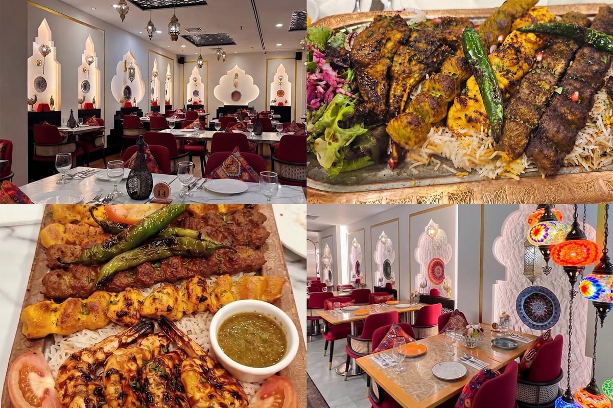 Tarboush halal restaurant interior and mixed grill platters with kebabs and rice.