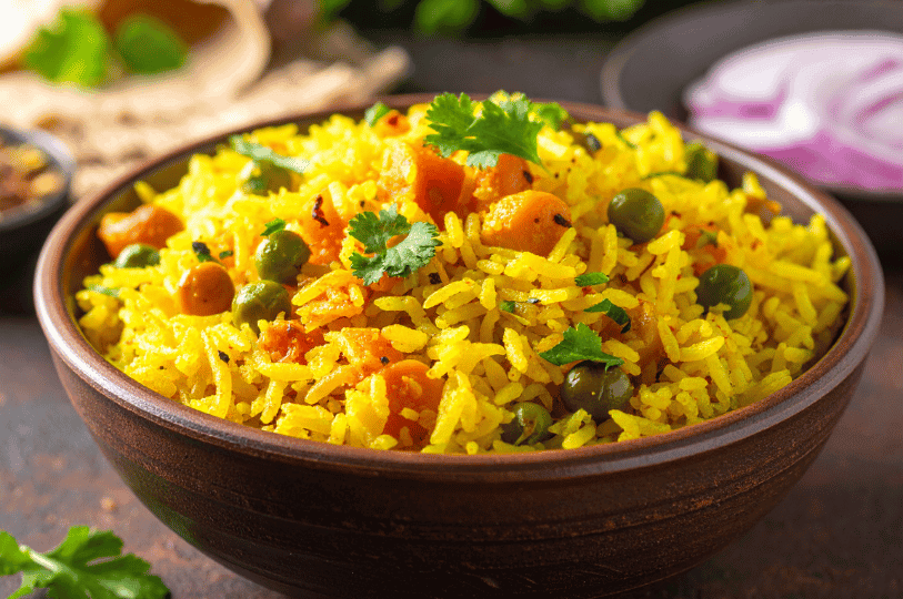 A warm brown bowl containing bright yellow rice mixed with tender diced carrots and green peas, garnished with fresh cilantro with sliced red onions in the background.