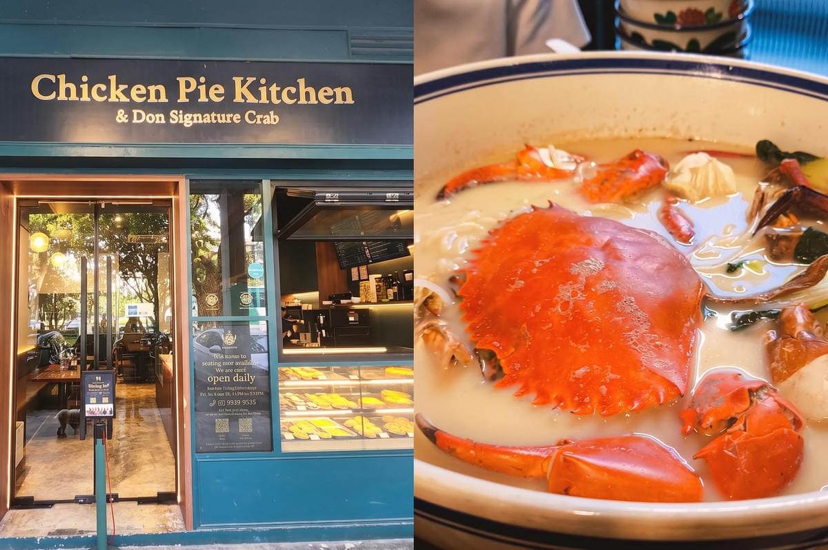 Collage of Chicken Pie Kitchen storefront and creamy crab bee hoon soup combined with vegetables