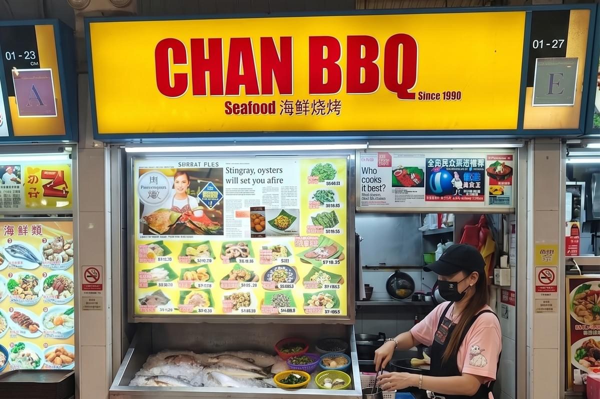 Chan BBQ Seafood stall at a Singapore hawker center featuring a yellow signboard, a menu with stingray and oysters, fresh seafood on ice, and a staff member preparing food.