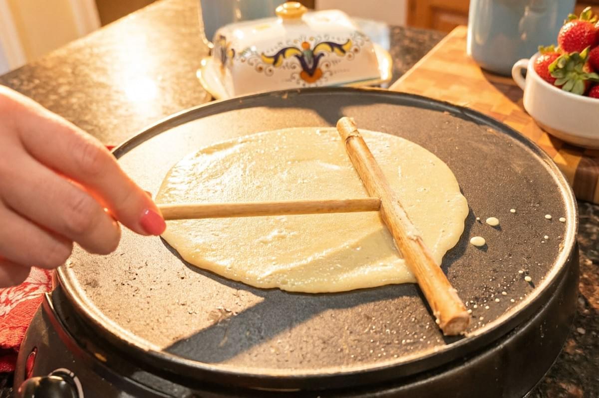 Hand spreading crepe batter on electric crepe maker with wooden tool, warm kitchen lighting