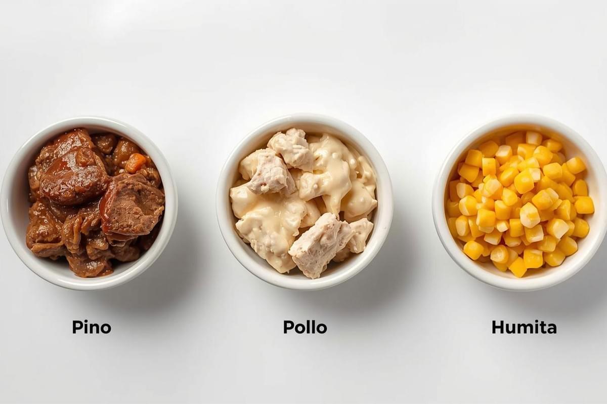 Overhead view of three small white bowls labeled with common South American empanada fillings: "Pino" (ground meat/stew), "Pollo" (chicken in cream sauce), and "Humita" (creamed corn).